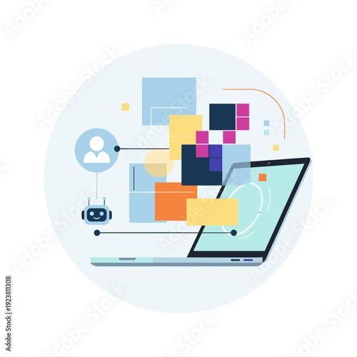 Laptop with colorful abstract shapes and robot connected to user icon representing technology and artificial intelligence concepts in a futuristic interface