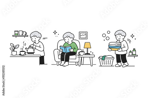 Gray hair everyday normality at home. A gray-haired person prepares tea, reads, or tidies up in a simple interior, moving slowly and comfortably. The mood is