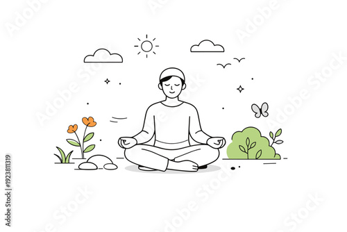 Mindful outdoor spring moment. Quiet pause in nature, gentle focus on presence and serenity. Minimal vector composition with natural elements and lots of white