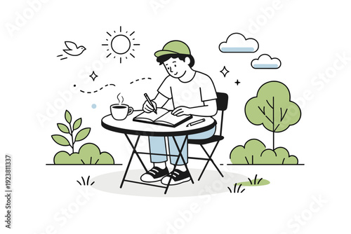 Sketching ideas in nature. A creative person sits at a small outdoor table, sketchbook open, capturing thoughts inspired by fresh air and greenery. The