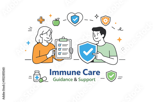 Immune care guidance and support. A minimal scene with two characters calmly sharing a checklist and shield symbol, representing advice, prevention, and