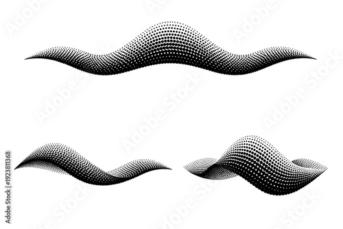 Halftone wave pattern A flowing wave-shaped halftone pattern tile with rhythmic dot density shown in front view, side view, and three-quarter