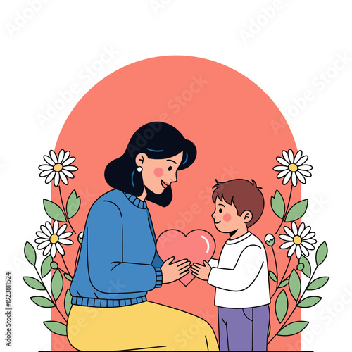 Mother and child sharing love heart surrounded by flowers