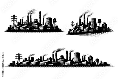 Industrial City Silhouette. City skyline silhouette industrial city. An industrial city skyline with blocky factory buildings, warehouse roofs, chimneys, and