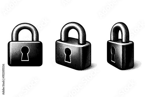 Icon set object illustrated as a bold functional icon form with clean edges displayed in head-on view, three-quarter perspective view, and