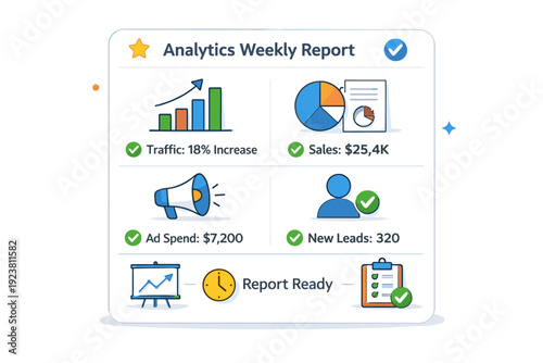Analytics weekly report represented as a concise summary panel with icons and checkmarks, conveying efficiency, clarity and readiness for