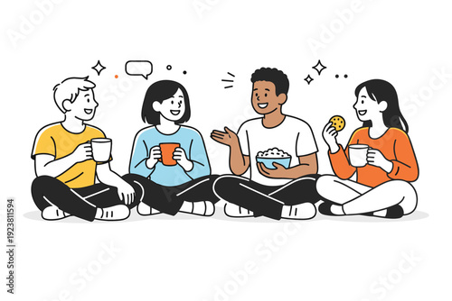 Friends hanging out. Friends sitting together with coffee cups or snacks, talking and smiling in a casual atmosphere. Calm social moment with
