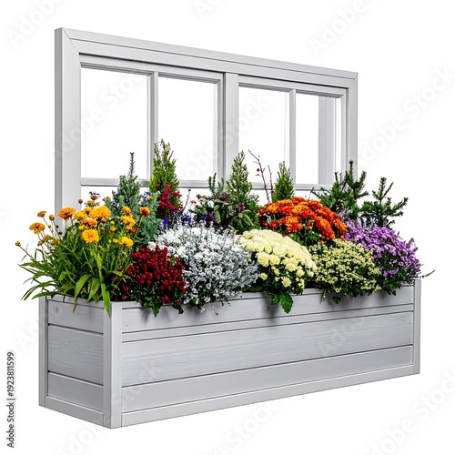 White planter box with various colorful flowers and green plants set against a multi-window frame backdrop