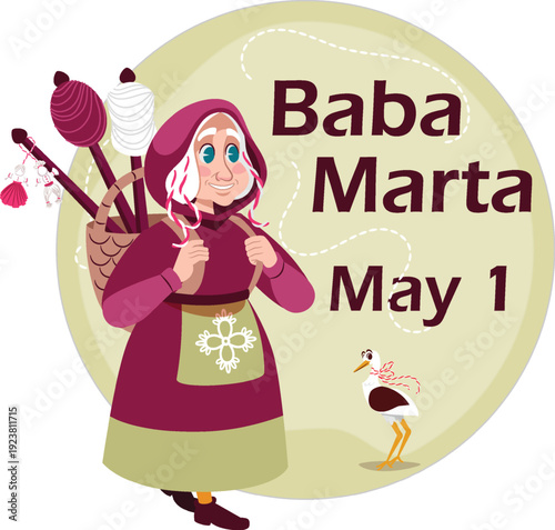 Baba Marta & Stork May 1 Traditional Bulgarian Festival Character Flat Design Vector Illustration