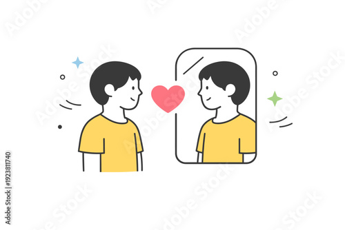 Self-Love Reflection. Inner kindness moment. A simple character facing a mirror with a heart icon between them and their reflection. The illustration