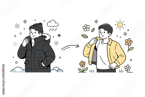 From cold to warm. A person changing from a coat to a light jacket as the environment shifts from snowflakes to flowers. Gentle transformation mood with clean