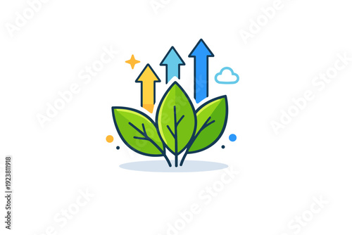 Spring growth concept simple upward movement shown through leaves and gentle arrows, symbolizing personal development, positive change, and forward momentum.