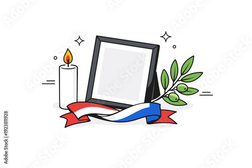 Memorial Days. Abstract symbolic scene with candle, olive branch and ribbon arranged around a photo frame. Editorial composition reflecting honor and memory.