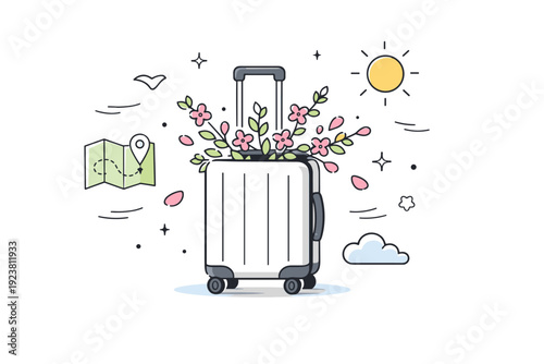 Spring travel holidays. A light suitcase with blooming branches, sun, and map icons, feeling of seasonal freedom and renewal. Calm editorial