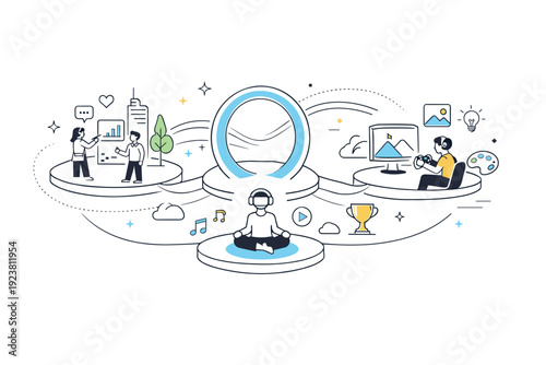 Metaverse concept ? connected worlds. Multiple abstract virtual spaces linked by soft lines and portals, representing interconnected digital environments. Open