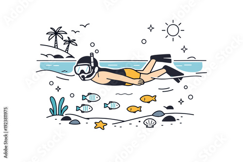 Snorkeling near the shore. Person floating calmly near the coastline with snorkel mask, shallow water revealing fish and sand below. Easy exploration and