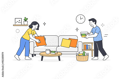 Light household chores. Two people tidy up a living room together, placing books and cushions. Friendly cooperation and shared responsibility at