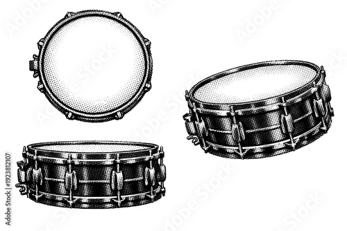 Music instrument drum snare with tension rods shown as a single object in top view, side view, and three-quarter angled view. Black and white dot style with