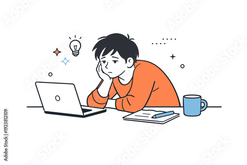 People sitting slouched. A person seated at a desk, back curved forward, chin resting lightly on one hand. The mood feels thoughtful, slightly fatigued, and