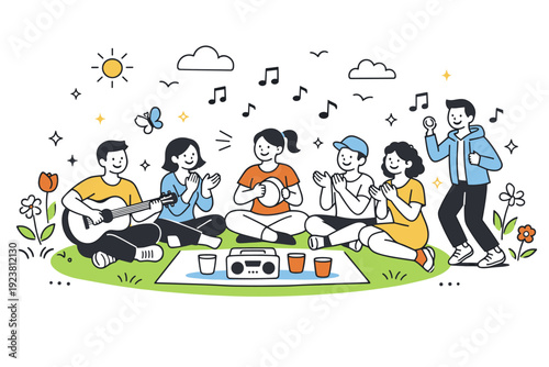 Social connection themes in spring events. A group participating in a simple outdoor activity, such as music or games, with spring elements