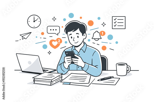 Workplace smartphone distraction. An employee sits at a desk surrounded by papers and a laptop, distracted by notifications on a phone, with floating abstract