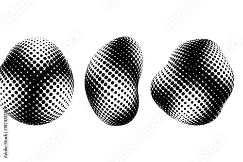 Black white polka dot abstract art An abstract polka dot art form with varying dot sizes shown in front view, side view, and three-quarter view as three object