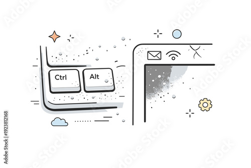 Dusty devices realism. Close-up of a dusty keyboard or screen corner, with specks catching soft light. The image highlights wear, abandonment, and the passage