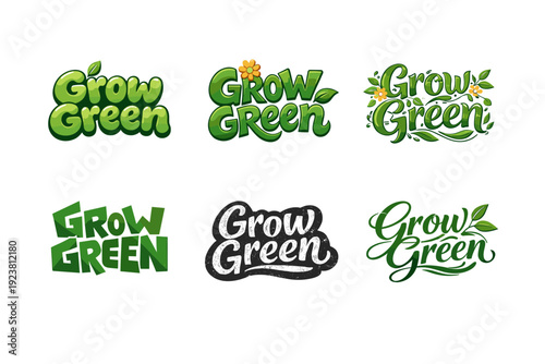 Grow Green. Set lettering. harmonious lettering variations of the same emblematic concept, each with different artistic interpretation (Rounded bubble playful