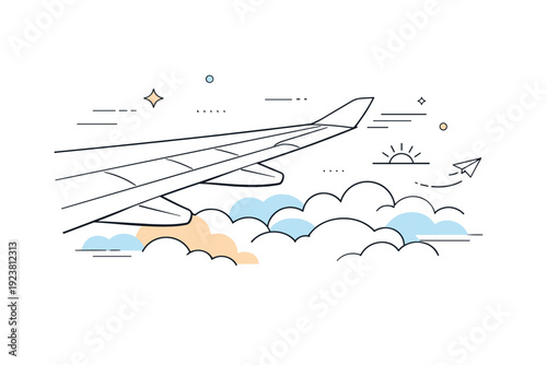 Cloudscape view from airplane. A wing stretches across the scene with soft, fluffy clouds below and abstract motion lines emphasizing serenity, height, and