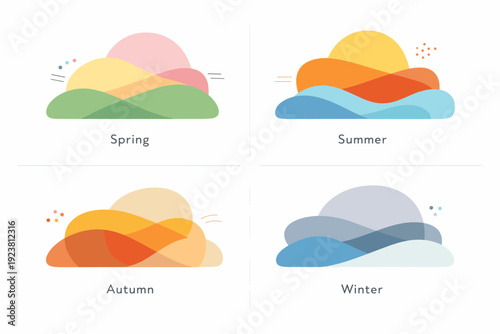 Seasonal color shift. Abstract layered shapes fading smoothly between seasonal color palettes. Quiet transformation, visual softness, modern artistic mood.