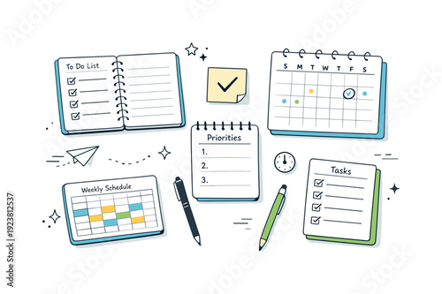 Organized planning tools including to-do lists, calendars, and schedules for productivity