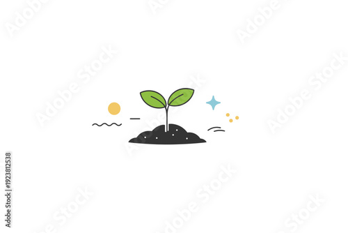 Minimal seedling growth. A calm abstract still-life with a single sprout emerging from soil, surrounded by plenty of white space. The