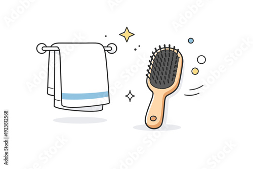Everyday grooming essentials. An abstract editorial scene where a towel and hairbrush are highlighted as icons of daily routine, with minimal