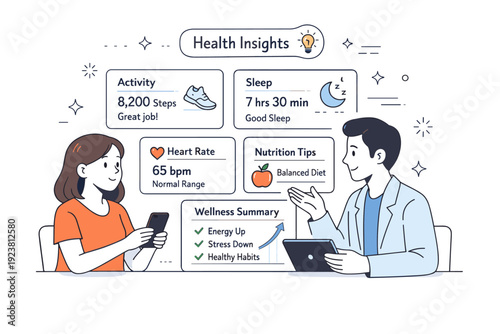 Calm Health Consultation. Personalized health tracking. A calm consultation moment where a user reviews personal health insights generated by an app. Clear
