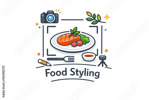 Professional food styling for photography and media a clean editorial badge showing a styled plate, camera frame and small decorative