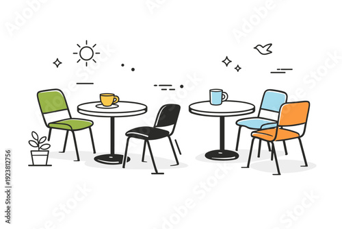 Chairs slightly moved. Outdoor cafe scene with chairs casually shifted around small tables, empty but welcoming. Gentle everyday imperfection creating a