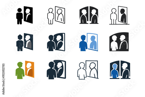 Youthful Reflection Icons. Reflection in mirror ? young vs old. Icon set. Set Logo of Reflection in mirror ? young vs old: standing figure before mirror with