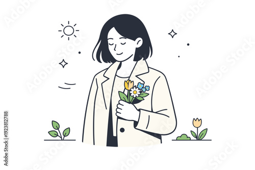 Women with flowers in coats. A woman stands outdoors holding a small bouquet tucked into her coat, suggesting seasonal transition and quiet elegance. Calm,