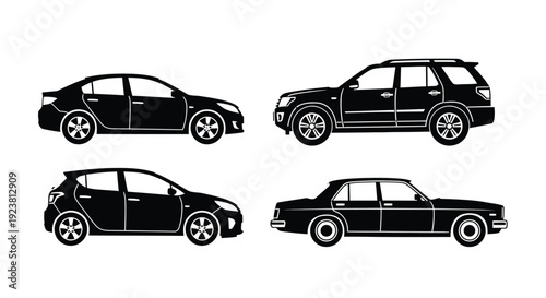 Four vehicle side profiles depicted in a stark black silhouette