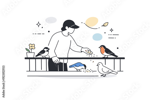 Urban wildlife feeding. A person leaving birdseed on a balcony while birds gather around, subtle floating abstract shapes and dots representing harmony and