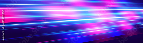 Panoramic night highway glowing with neon blue streaks. Light trails curve dynamically, emphasizing speed and futuristic technology. Ideal for digital design.