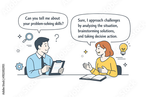 Interview question and answer. An interviewer asking a question while the candidate responds thoughtfully, both calm and engaged. The illustration focuses on