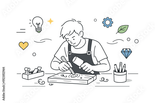 Young craftsman meticulously carving wood with a mallet and chisel, surrounded by symbols of creativity and skill