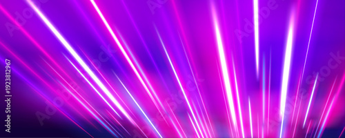 Neon pink and purple stripes curve across a panoramic city street. Flowing light trails highlight speed, energy, and cyber aesthetics. Ideal for tech banners.