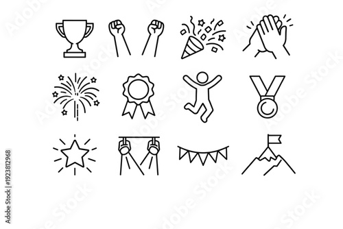 Victory Celebration. Line icon set of Victory Celebration: winner trophy, raised arms, confetti blast, high five, fireworks, award ribbon, joyful leap, medal,