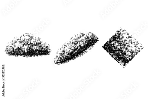 Halftone stipple texture effect. A single halftone stipple texture effect shown in three views: flat view, diagonal view, and rotated view,