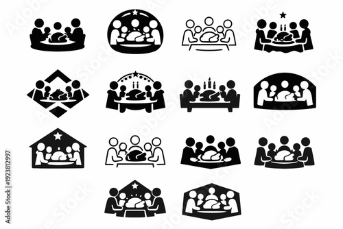 Participating in a traditional holiday feast. Icon set. Set Logo of Participating in a traditional holiday feast: family dining. harmonious