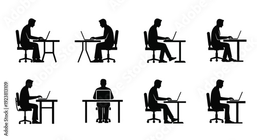 Black silhouettes of people working at desks in various positions silhouette