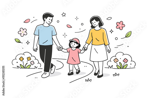 Spring holiday family portrait outdoors. Parents walking hand in hand with a child along a spring path, gentle interaction and relaxed weekend atmosphere.