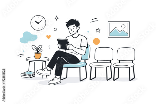 Waiting room scene. A patient sitting comfortably reading a tablet while waiting, with subtle abstract shapes and soft decorative elements floating around to